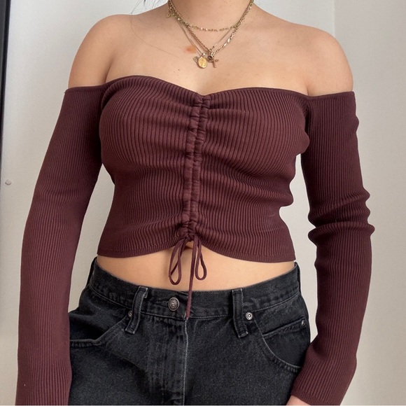 Zara Off‑Shoulder Ruched Ribbed Crop Top - - Picture 1 of 7